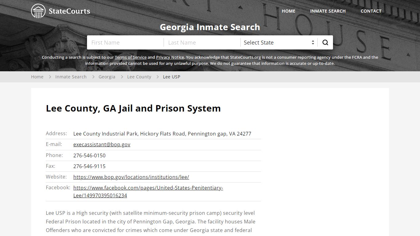 Lee USP Inmate Records Search, Georgia - StateCourts